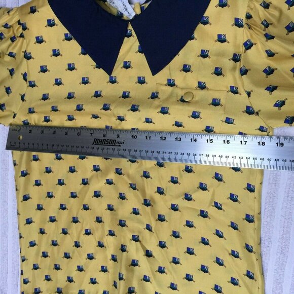 Vintage FRANK YOUNG Size 4 Silk Blouse Yellow Navy Crests Ribbons Button Back - Picture 6 of 8